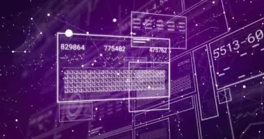 Klavye ve sayılarla mor arkaplan üzerinde dijital veri işleme animasyonu. Teknoloji, gelecekçi konsept