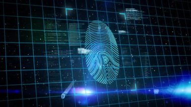 Parmak izi taraması siber güvenlik animasyonu ile dijital veri ve kod arkaplanı üzerinden yapılıyor. Biyometrik, kimlik doğrulama, teknoloji, gizlilik, hackleme, tanımlama
