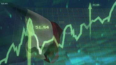 Finansal grafik dalgalanan bayrak ve şebeke geçmişi üzerinde canlandırılıyor. Finans, animasyon, borsa, ekonomi, veri, teknoloji