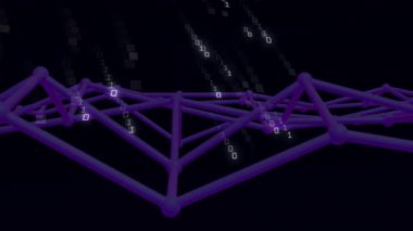 Karanlık arkaplanda ikili kod ve ağ bağlantıları canlandırılıyor. Siber güvenlik, kodlama, programlama, teknoloji, animasyon, veri kavramı