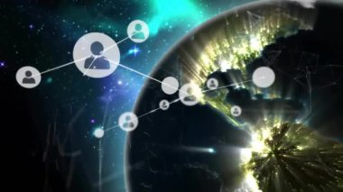 Bağlı kullanıcı simgeleri ağı uzaydan Dünya görüşü üzerinde canlandırma. Teknoloji, bağlantı, küresel, internet, iletişim, dijital