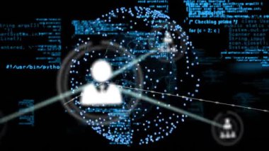 Dijital kod arkaplanı üzerinden ağ bağlantıları ve veri işleme animasyonu. Teknoloji, yenilik, iletişim, siber güvenlik, kodlama