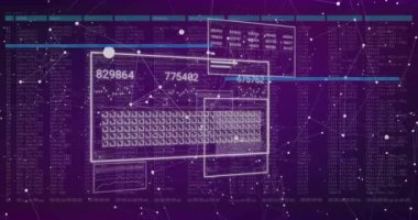 Klavyede dijital veri işleme animasyonu ve mor arkaplanda sayısal kodlar. teknoloji, kodlama, internet, fütürist