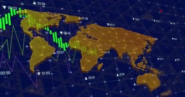Dünya haritası üzerinde borsa verileri ve finansal grafikler. Finans, ekonomi, yatırım, büyüme, teknoloji, küresel