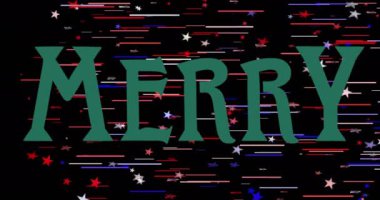 Renkli yıldızların ve siyah arkaplandaki çizgilerin üzerinde neşeli metin animasyonu. Kutlama, tatil, şenlik, coşku, tipografi, tasarım