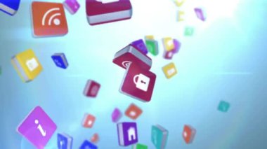 Yüzen renkli uygulama simgeleri, mavi arkaplan üzerinde dijital teknoloji animasyonu. yenilik, yazılım, arayüz