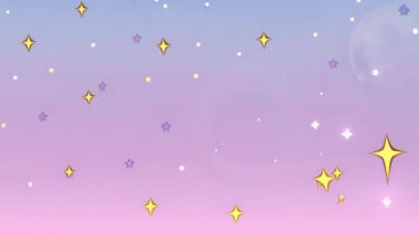 Pırıl pırıl parlayan yıldızlar ve noktalar mor ve mavi arkaplanda canlanıyor. Pırıl pırıl, pırıl, pırıl, pürüzsüz, soyut, parlak