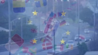 Yoğun şehir trafiği ve veri analiz grafikleri üzerine Avrupa Birliği bayrağı animasyonu. Ekonomi, teknoloji, iş dünyası, analitik