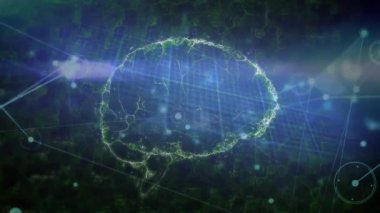 Mavi ve yeşil arkaplan üzerinde dijital beyin yapısı ve ağ bağlantıları canlandırılıyor. yapay zeka, sinirsel, nörobilim, teknoloji, veri