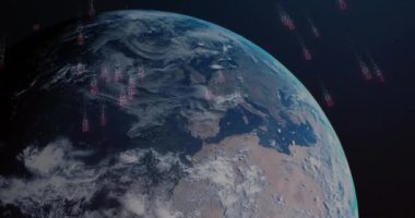 Küresel dijital bağlantıyı temsil eden ikili kodları uzaydan Dünya 'ya yaymak. technology, network, data, communication, cyberspace, innovation