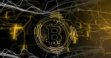 Dairesel çizgileri olan bitcoin sembolü ve karanlık arka planda veri işleme animasyonu. Kripto para birimi, engelleme zinciri, dijital para birimi, finans, gelecekçi, teknoloji
