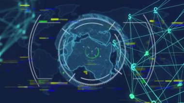 Dünya haritası üzerinde küresel ağ bağlantıları ve veri işleme animasyonu. Teknoloji, iletişim, dijital, internet, siber, görselleştirme