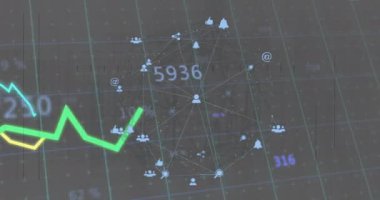 Şebeke arka planında yeşil finansal grafik ve sosyal medya simgeleri. Finans, teknoloji, veri, dijital, ağ, büyüme