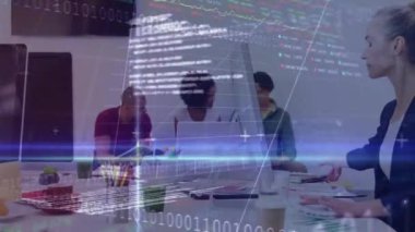 Finansal veri animasyonu işleniyor, çeşitli takımlar iş toplantısında. takım çalışması, çeşitlilik, finans, işbirliği, veri analizi, kurumsal