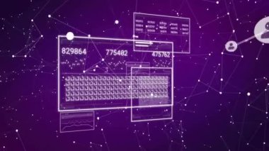 Mor arka planda dijital veri, ağ bağlantıları ve istatistik animasyonu işleniyor. Teknoloji, bilgi, analiz