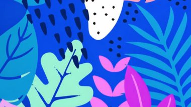 Renkli tropikal yapraklar ve soyut şekiller mavi arka planda animasyon oluşturur. Doğa, canlı, bitkiler, egzotik, dekoratif, botanik