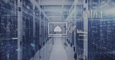 Veri işleme ve analitik animasyon veri merkezindeki sunucu rafları üzerinde. Teknoloji, ağ, dijital, yenilik kavramı