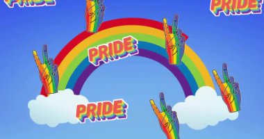 Gurur metni ve gökkuşağı eli renkli gökkuşağı ve bulutların üzerinde bir animasyon işareti. LGBTQ, çeşitlilik, eşitlik, kutlama