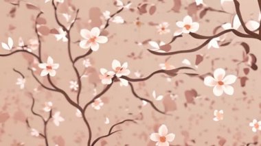 Bej arka planda düşen taç yapraklarıyla kiraz çiçekleri dalları. Doğa, bahar, çiçek, narin, romantik, nazik