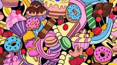 Donut, badem ve çilekli renkli tatlılar ve animasyonlar. Şekerleme, pasta, şeker, ikramlar, fırın, yemek