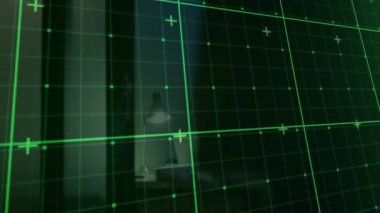 Şebeke ve veriler, masadaki dizüstü bilgisayarda çalışan adamın animasyonunu gösteriyor. Teknoloji, analitik, dijital, yenilik, iş, kodlama