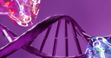 Parlayan parçacıklar, moleküler yapılar ve bilimsel animasyon içeren DNA ipliği. Biyoteknoloji, genetik, genom, bilim, araştırma, biyoloji