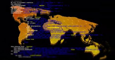 Ağ bağlantıları olan dijital dünya haritası üzerinden kod animasyonu programlanıyor. Teknoloji, veri, kodlama, küresel, iletişim