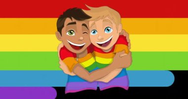 Gurur bayrağı animasyonunda gökkuşağı tişörtü giymiş, kucaklaşan iki çocuk. LGBT, LGBTQ, kutlama, kapsayıcılık, eşitlik, çeşitlilik