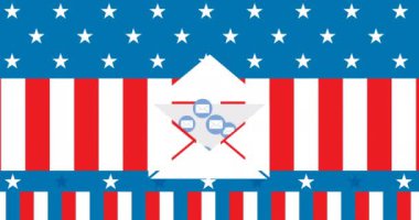 Yıldız ve çizgili Amerikan bayrağı üzerinde e-posta simgeleri canlandırması. İletişim, teknoloji, vatanseverlik, ABD bayrağı, dijital