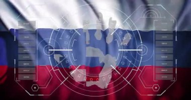 Rus bayrağı üzerinde dijital arayüz elementleriyle parmak izi taraması. Siber güvenlik, biyometrik, teknoloji, veri, kimlik doğrulama