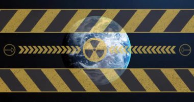 Uzayda dönen Dünya üzerinde radyasyon tehlikesi uyarısı gösteriliyor. Tehlike, güvenlik