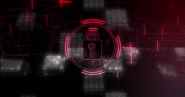 Simge ve ikili kodu kilitle, dijital arkaplanda siber güvenlik animasyonu. şifreleme, veri, koruma, teknoloji, kodlama, ağ