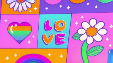 Renkli bir aşk ve çiçek animasyonu. Kalpleri ve yıldızları canlı arkaplanda. Romantik, Valentine, kutlama, neşeli, parlak, dekorasyon