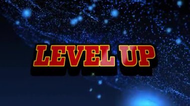 Siyah arkaplandaki mavi şekiller yerine metin animasyonunu yükselt. Oyun, dijital, grafikler, geliştirme, seviyelendirme, yükseltme