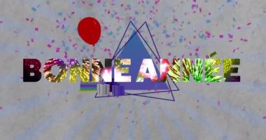 Bonne Anne konfeti, kırmızı balon ve hediye kutularıyla animasyon mesajı atıyor. Kutlama, tatil, selamlama, şenlik, parti, renkli 