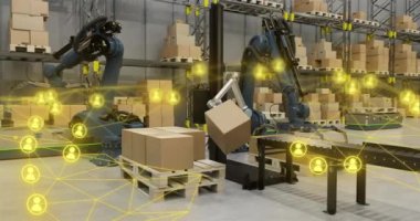 Lojistik ağ animasyonunun bittiği depoda robotik silah taşıma paketleri var. Otomasyon, teknoloji, robotik, tedarik zinciri, verimlilik, yenilik