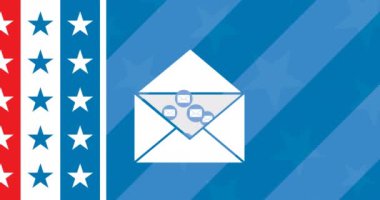 Mavi arkaplanda yıldızlı ve çizgili zarfın etrafında canlandırılmış e-posta simgeleri. communication, digital, semboller, internet, teknoloji, mesajlaşma