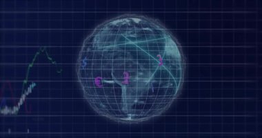 Global currency symbols and financial data animation over rotating wireframe globe. Finance, economy, technology, digital, world