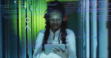 Kulaklık takıyor ve tablet kullanıyor. Şifreli ve teknolojik animasyonu bitmiş bir kadın. Teknoloji, kodlama, yenilik, dijital, gelecekçi, yazılım