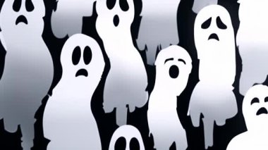 Farklı ifadelere sahip hayalet benzeri figürler, karanlık arka planda ürkütücü animasyonlar. Cadılar Bayramı, korku, ürpertici, animasyon, hayalet, ürpertici