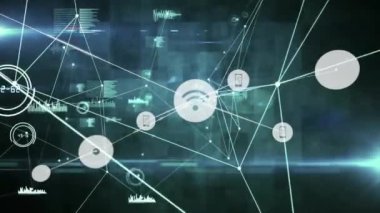Karanlık arkaplan üzerinde bağlı aygıtlar ve veri iletim animasyonu ağı. bağlantı, veri transferi, teknoloji, dijital, iletişim, siber güvenlik