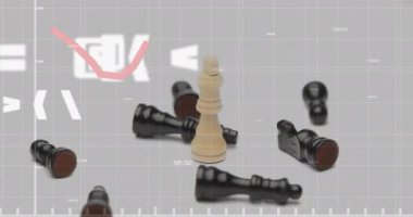 Finansal verileri ve kırmızı eğilim çizgisi animasyonu olan satranç taşları düşüyor. İş, finans, borsa, yatırım, durgunluk, düşüş