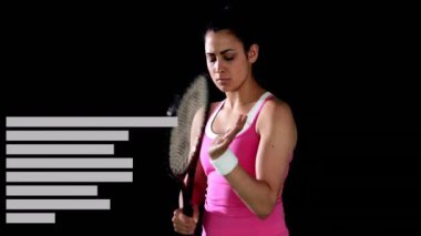 Tenis raketi tutan, pembe bluzlu kadın yatay bar animasyonunun üzerinde. spor, fitness, atletik, egzersiz, çizgi film, aktif