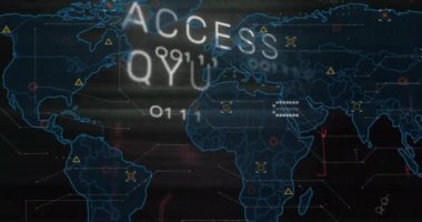 Veriler ve güvenlik simgeleriyle dijital dünya haritası üzerinden erişimi engellenmiş metin animasyonuna erişim. Siber güvenlik, veri koruması, hackleme, şifreleme, teknoloji, uyarı