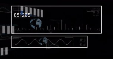 Dünya haritası üzerinde veri işleme animasyonu ve sayısal istatistiklerle grafikler. Analizler, teknoloji, küresel, dijital, bilgi grafikleri, görselleştirme