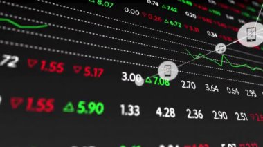 Ağ bağlantıları üzerinde yeşil ve kırmızı sayılı borsa verileri animasyon. Finans, hisse senedi, yatırım, ticaret, analitik, teknoloji