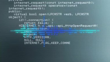 Bilgisayar kodu ve veri işleme animasyonu mavi dijital çizgiler üzerinde. Teknoloji, programlama, kodlama, fütürist, soyut, bilgi