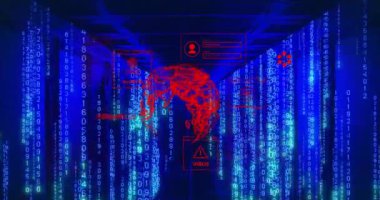 İkili kod ve dünya haritasıyla veri merkezi üzerinde dijital virüs uyarı animasyonu. Siber güvenlik, hackleme, kötü amaçlı yazılım, veri sızıntısı, dijital tehditler, bilgisayar virüsleri