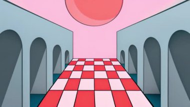 Geometrik şekiller ve desenler kemerli ve büyük kırmızı daireli animasyonlar. Soyut, dijital sanat, simetri, minimalizm, modern, tasarım