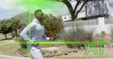 Yerleşim bölgesinde koşmak, yapay zeka taraması yapmak. Fitness, teknoloji, akıllı, egzersiz